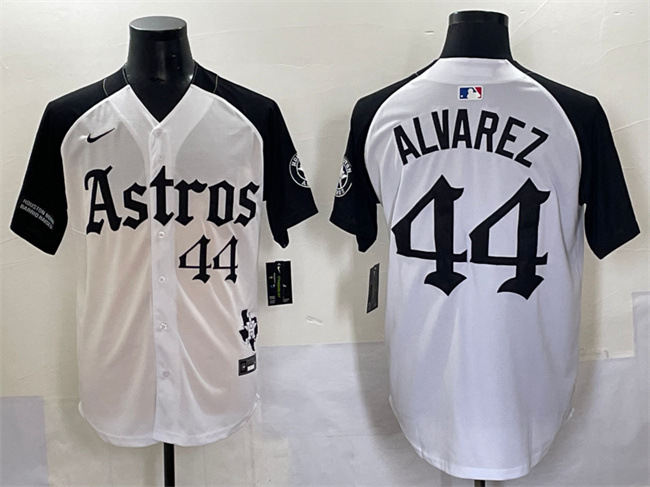 Men's Houston Astros #44 Yordan Alvarez White/Black Gothic 'Houston Born Barrio Raised' Limited Stitched Baseball Jersey
